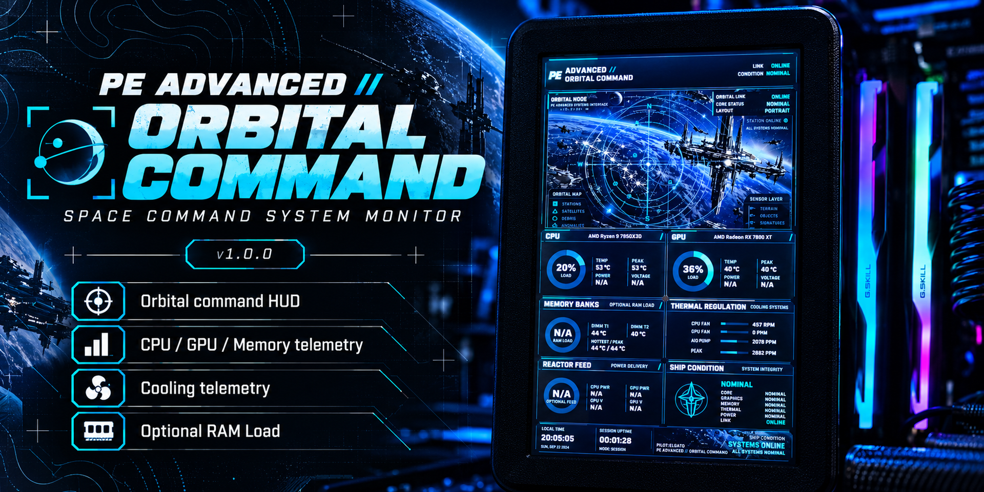 PE Advanced Orbital Command space-command system monitor on a portrait CORSAIR iCUE LCD