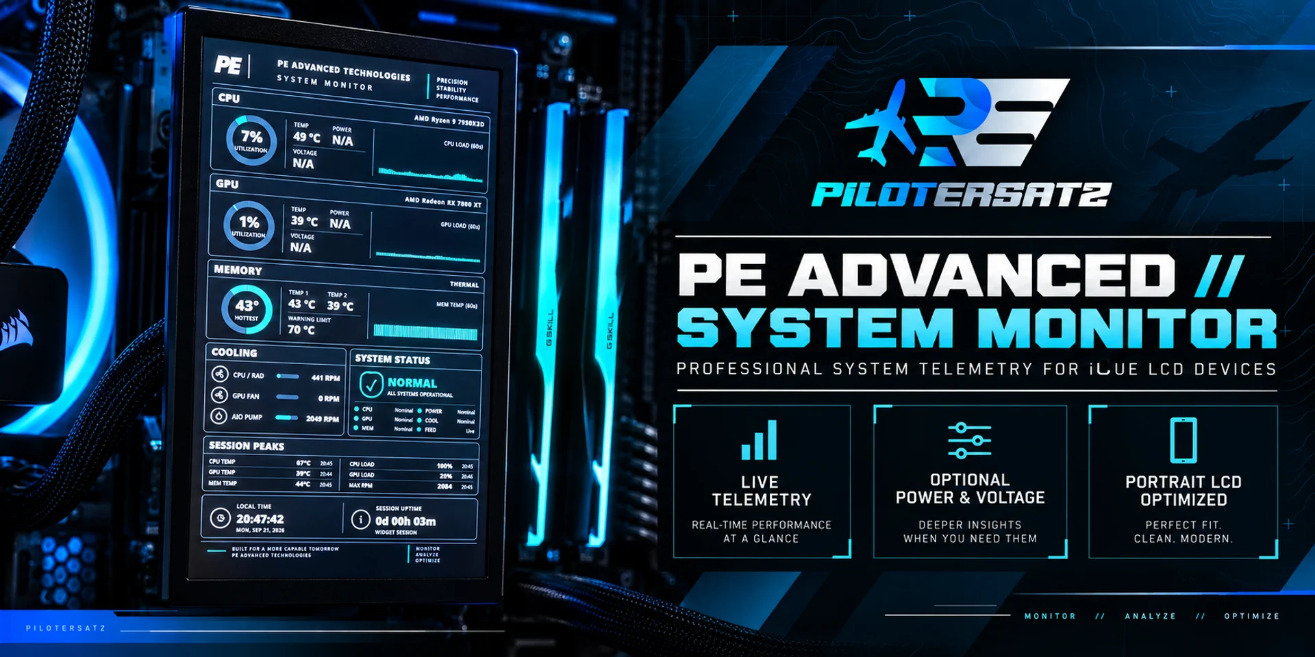 PE Advanced System Monitor promotional artwork showing the portrait professional telemetry display
