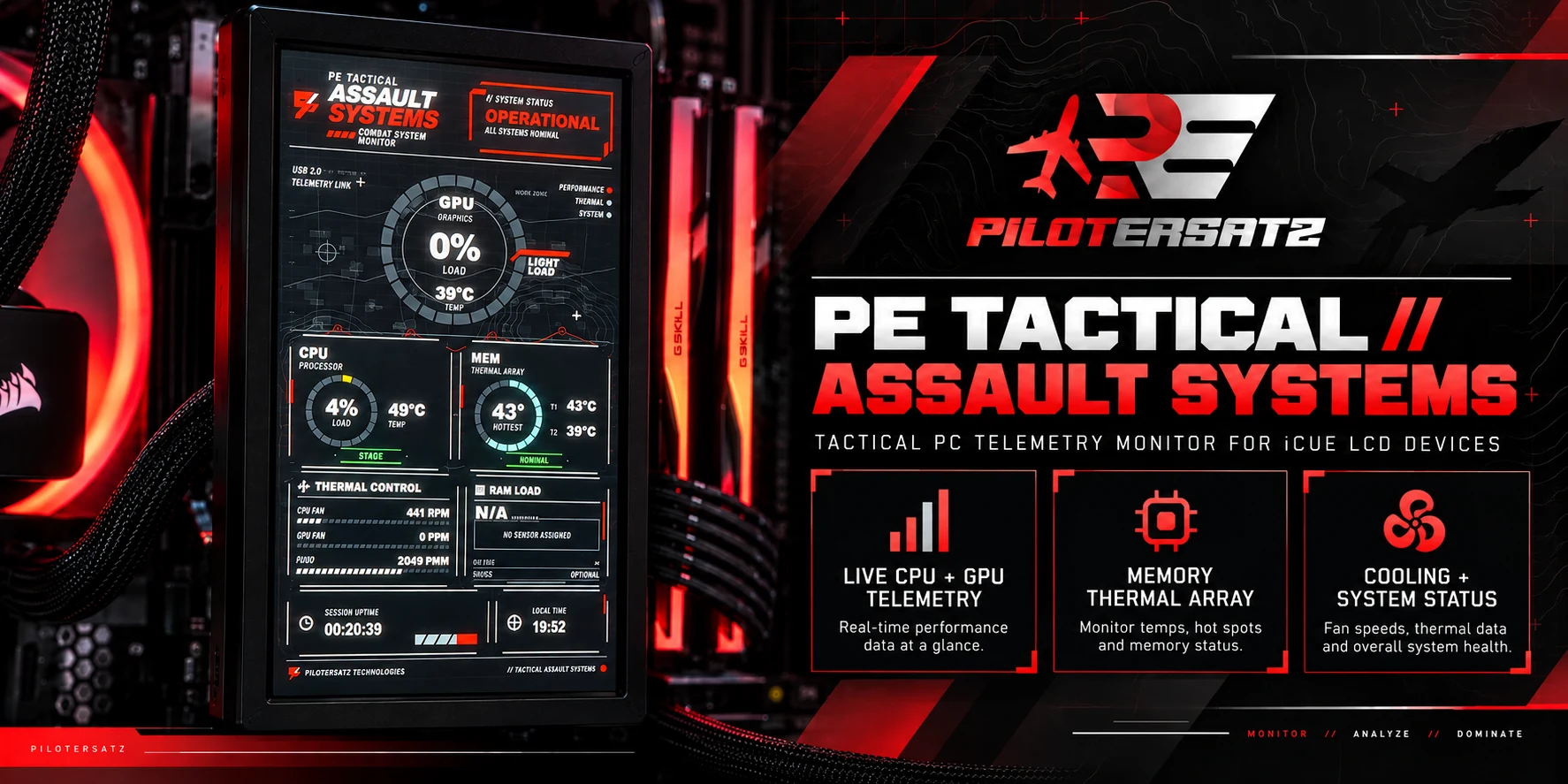 PE Tactical Assault Systems promotional artwork showing the portrait combat-HUD telemetry display