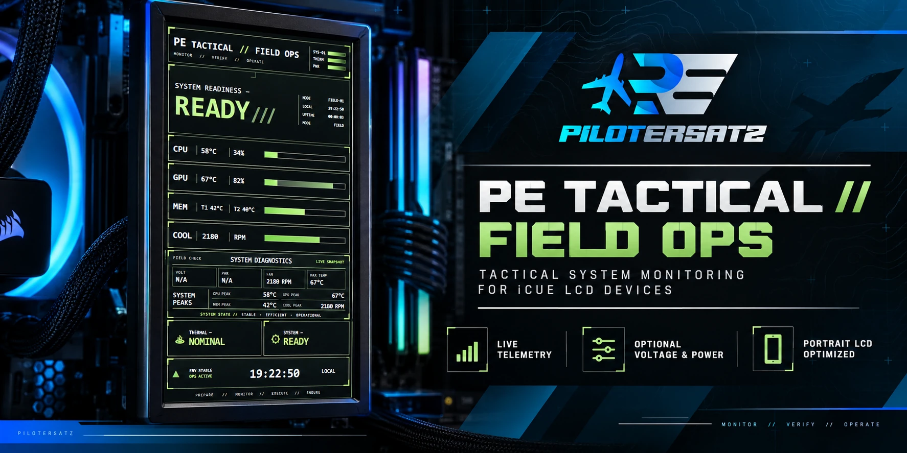 PE Tactical Field Ops promotional artwork showing the portrait tactical system-monitoring display